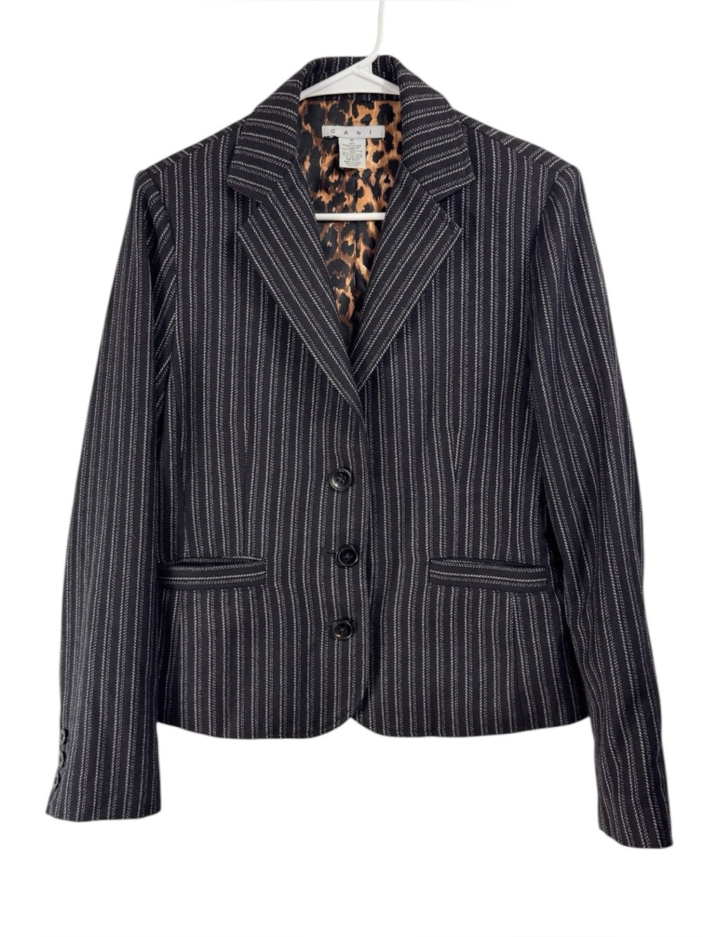 CAbi Size 10 Classic Black White Pinstripe Blazer Jacket Leopard Lining #364